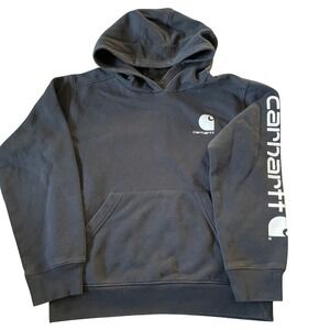 EUC Kids Medium 10 Carhartt Black Graphic Logo Sleeve Hoodie Sweatshirt TS6272B